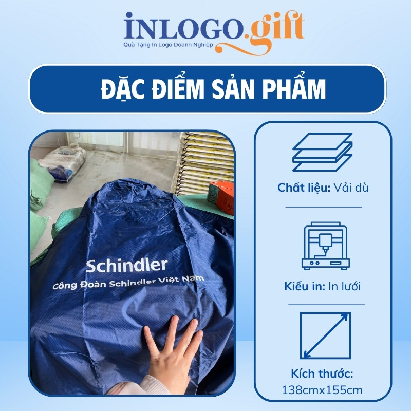 Áo mưa cánh dơi in logo vải dù vân tổ ong màu xanh dương 138cmx155cm AM-02