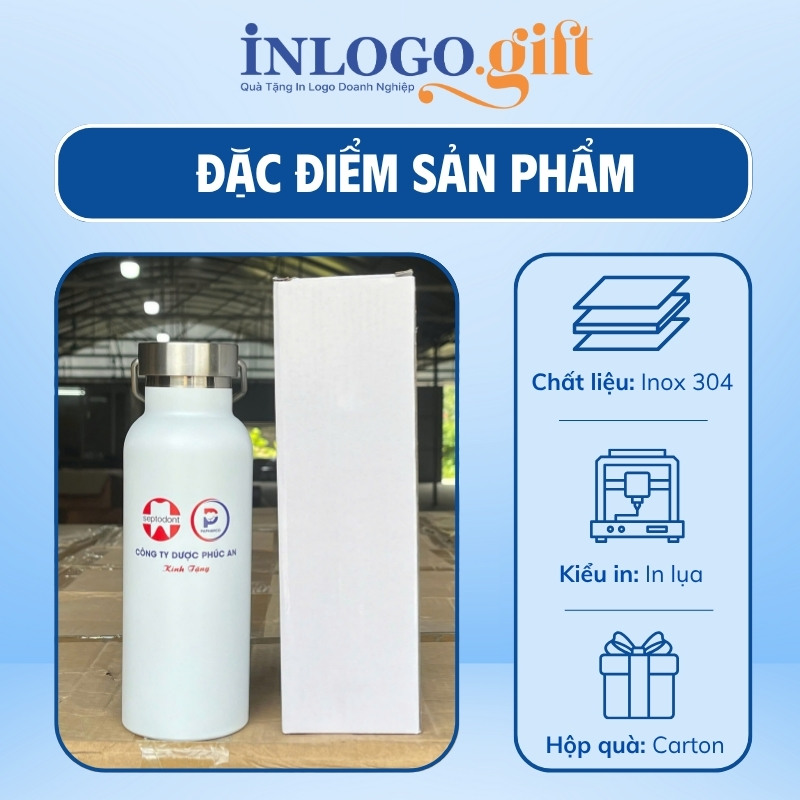 Bình giữ nhiệt quà tặng in logo có quai xách màu trắng 500ml