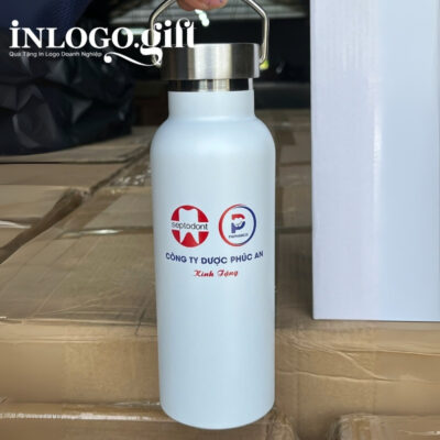 Bình giữ nhiệt quà tặng in logo có quai xách màu trắng 500ml