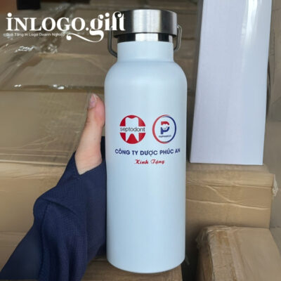 Bình giữ nhiệt quà tặng in logo có quai xách màu trắng 500ml