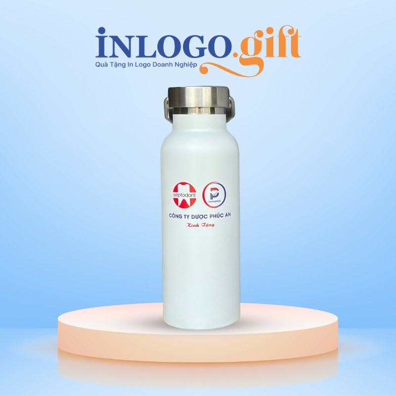 Bình giữ nhiệt quà tặng in logo có quai xách màu trắng 500ml