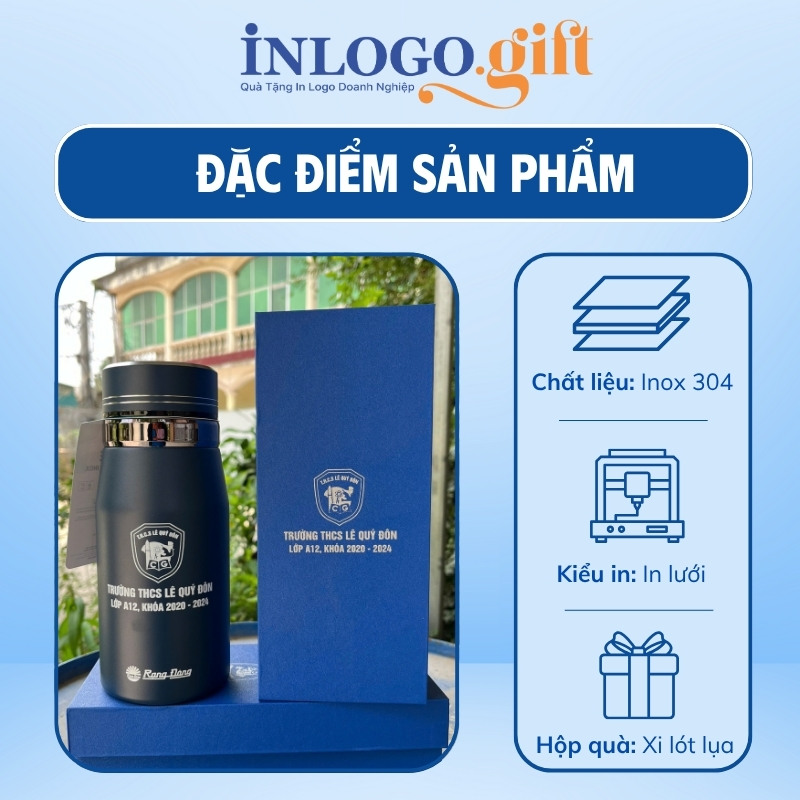 Bình giữ nhiệt in logo thương hiệu Rạng Đông màu xanh đen 600ml BGN-04