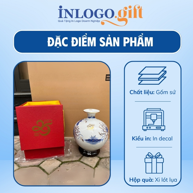 Bình hút lộc in logo màu trắng họa tiết hoa sen viền vàng kim