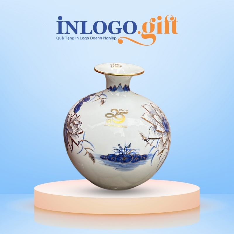 Bình hút lộc in logo màu trắng họa tiết hoa sen viền vàng kim