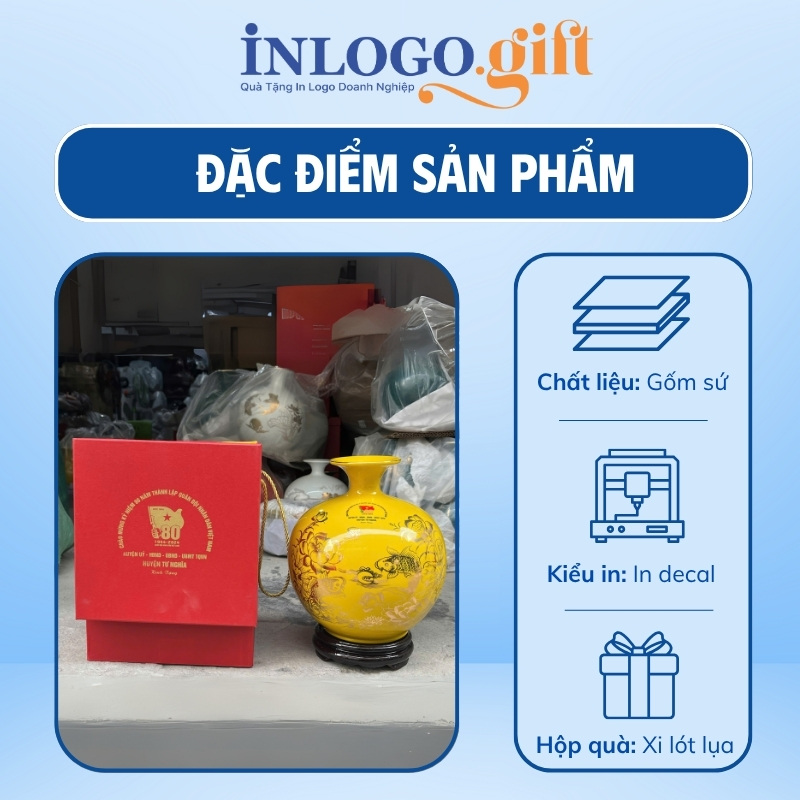 Bình hút lộc in logo màu vàng họa tiết hoa sen và cá chép