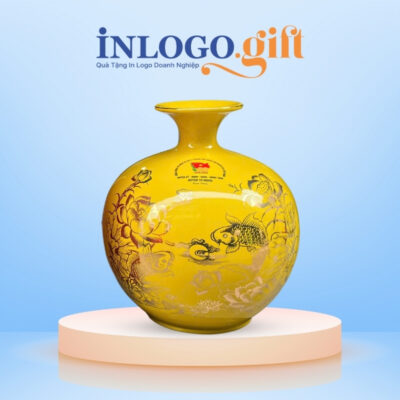 Bình hút lộc in logo màu vàng họa tiết hoa sen và cá chép