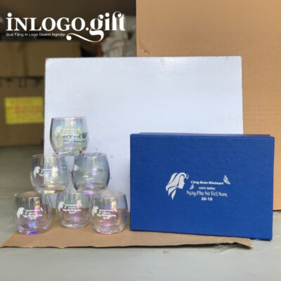 Bộ 6 cốc thủy tinh in logo thương hiệu Hongli dáng trứng tròn trắng 350ml BCS-01