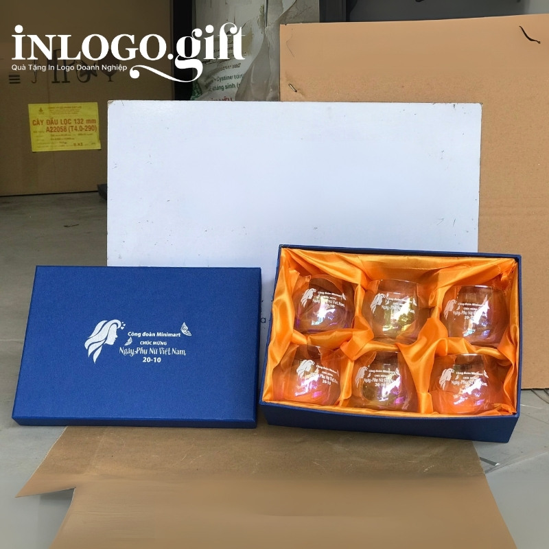 Bộ 6 cốc thủy tinh in logo thương hiệu Hongli dáng trứng tròn trắng 350ml BCS-01