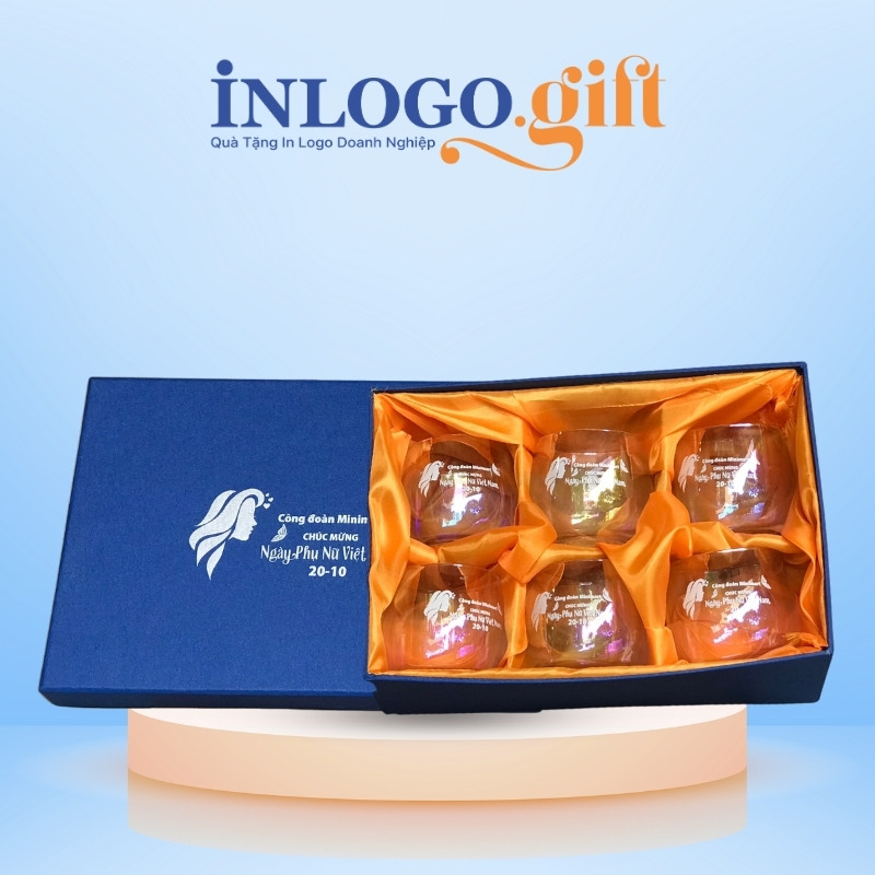 Bộ 6 cốc thủy tinh in logo thương hiệu Hongli dáng trứng tròn trắng 350ml BCS-01
