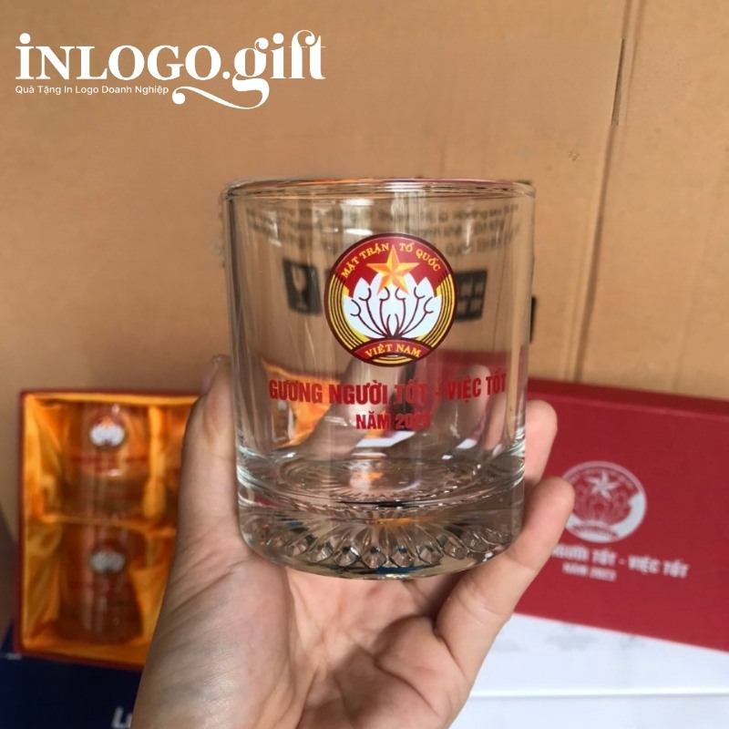 Bộ 6 cốc thủy tinh in logo thương hiệu UG350 đáy khía 245ml BCS-02