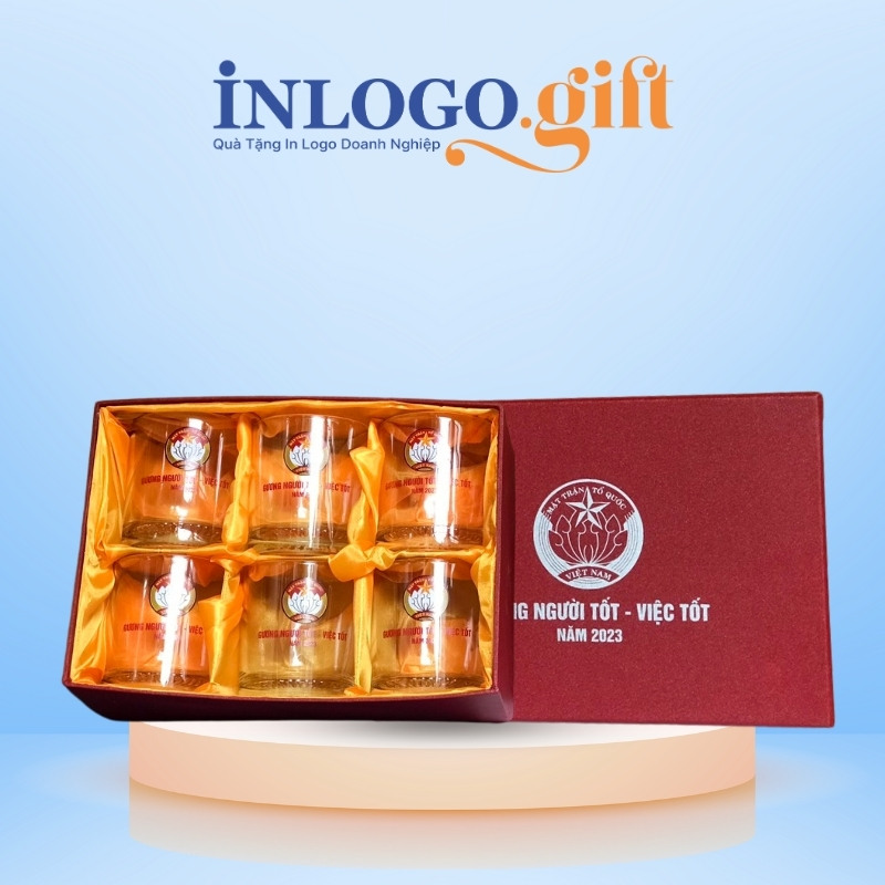 Bộ 6 cốc thủy tinh in logo thương hiệu UG350 đáy khía 245ml BCS-02