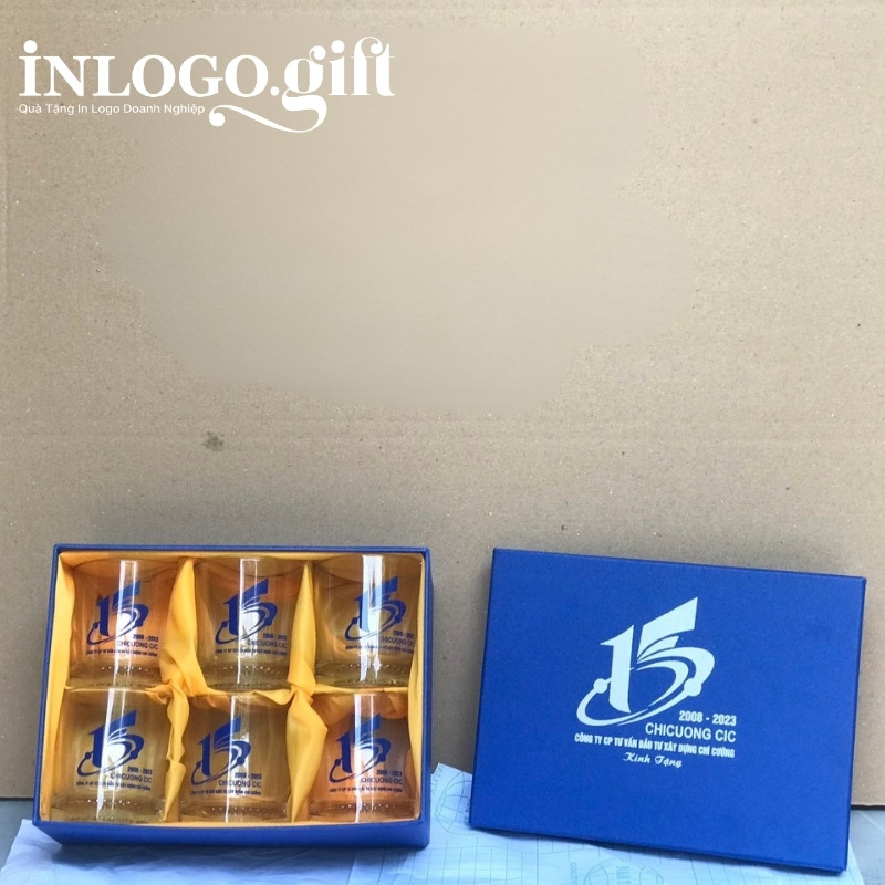 Bộ 6 cốc thủy tinh in logo thương hiệu Việt Tiệp đáy xoáy 200ml BCS-03