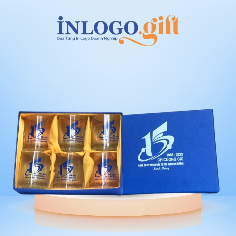 Bộ 6 cốc thủy tinh in logo thương hiệu Việt Tiệp đáy xoáy 200ml BCS-03