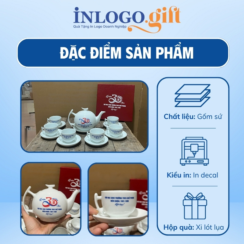 Bộ ấm chén in logo dáng bưởi cành màu trắng 500ml
