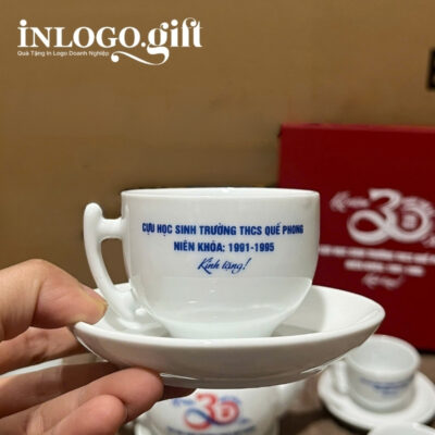 Bộ ấm chén in logo dáng bưởi cành màu trắng 500ml