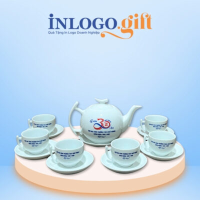Bộ ấm chén in logo dáng bưởi cành màu trắng 500ml
