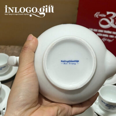 Bộ ấm chén in logo dáng bưởi cành màu trắng 500ml