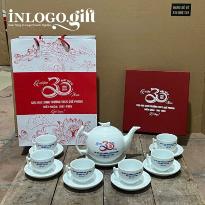 Bộ ấm chén in logo dáng bưởi cành màu trắng 500ml