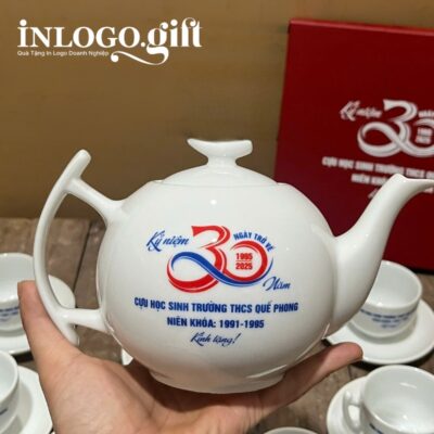 Bộ ấm chén in logo dáng bưởi cành màu trắng 500ml