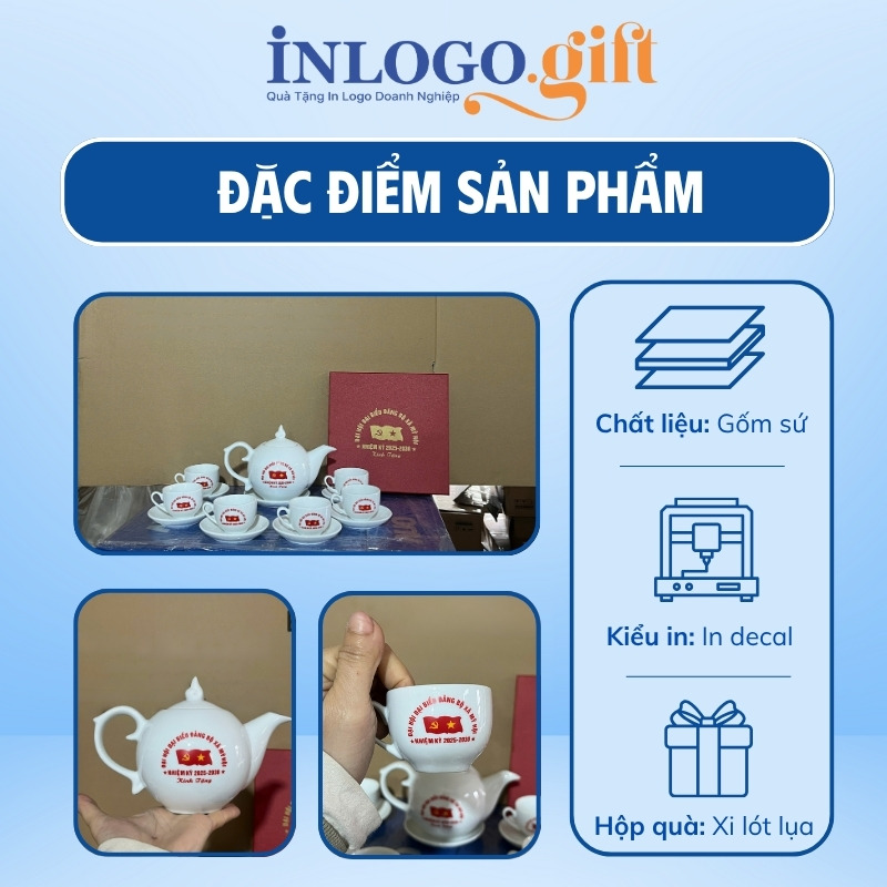 Bộ ấm chén in logo dáng bưởi lửa màu trắng 500ml