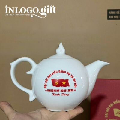 Bộ ấm chén in logo dáng bưởi lửa màu trắng 500ml