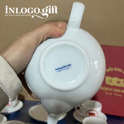 Bộ ấm chén in logo dáng bưởi lửa màu trắng 500ml