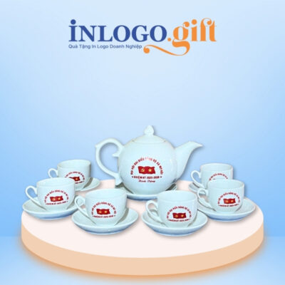 Bộ ấm chén in logo dáng bưởi lửa màu trắng 500ml