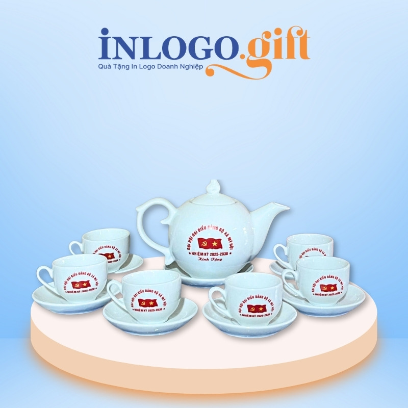 Bộ ấm chén in logo dáng bưởi lửa màu trắng 500ml