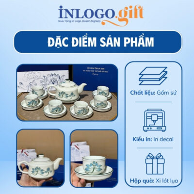 Bộ ấm chén in logo họa tiết vẽ tay hoa sen xanh dáng vai vuông 350ml