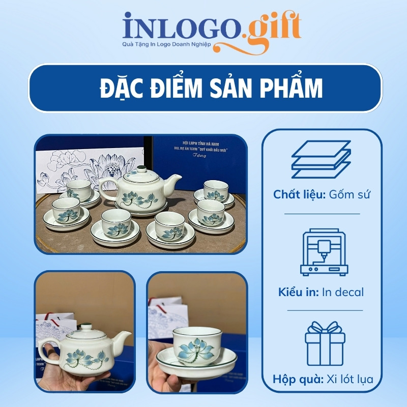 Bộ ấm chén in logo họa tiết vẽ tay hoa sen xanh dáng vai vuông 350ml