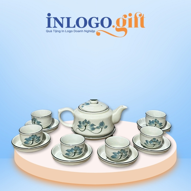 Bộ ấm chén in logo họa tiết vẽ tay hoa sen xanh dáng vai vuông 350ml