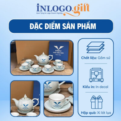 Bộ ấm chén in logo vân đá dáng bưởi lửa họa tiết hoa mai trắng 500ml