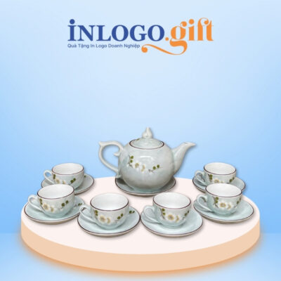 Bộ ấm chén in logo vân đá dáng bưởi lửa họa tiết hoa mai trắng 500ml