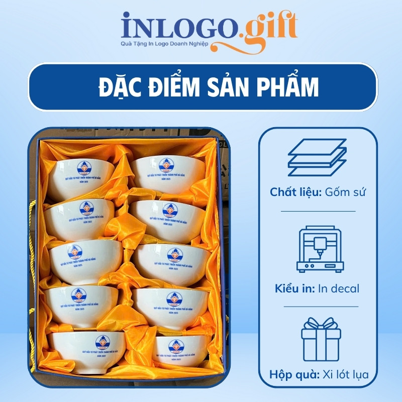 Bộ bát cơm in logo 10 món màu trắng BBC-02
