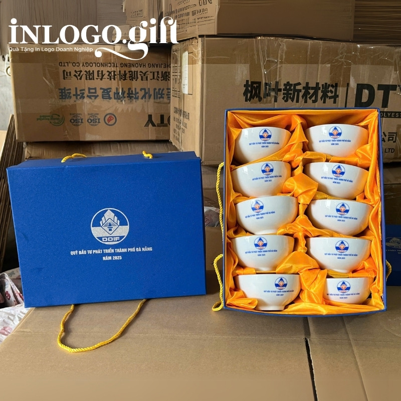 Bộ bát cơm in logo 10 món màu trắng BBC-02