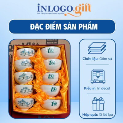 Bộ bát cơm in logo 10 món màu trắng họa tiết vẽ tay hoa sen xanh BBC-01