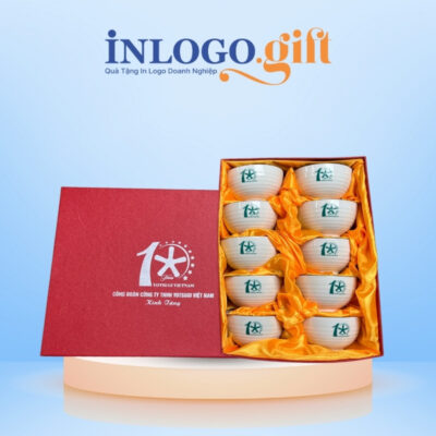 Bộ bát cơm in logo 10 món màu trắng họa tiết vẽ tay hoa sen xanh BBC-01