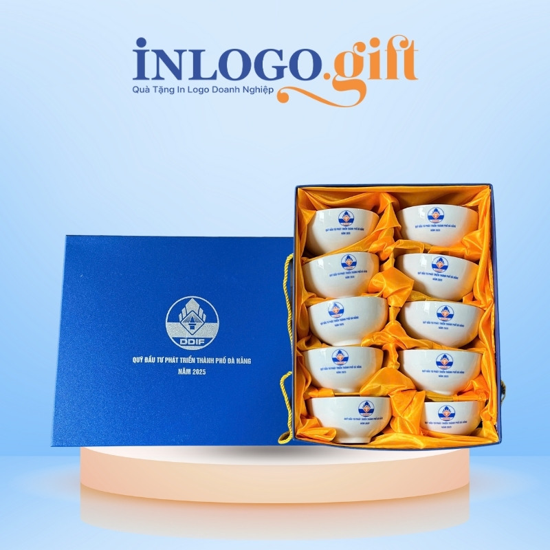 Bộ bát cơm in logo 10 món màu trắng BBC-02