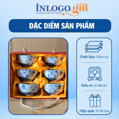 Bộ bát cơm in logo 6 món màu trắng họa tiết hoa sen xanh BBC-03