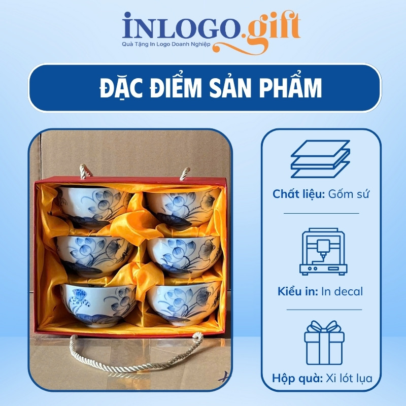 Bộ bát cơm in logo 6 món màu trắng họa tiết hoa sen xanh BBC-03