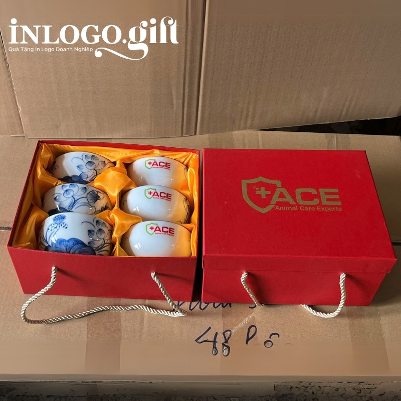 Bộ bát cơm in logo 6 món màu trắng họa tiết hoa sen xanh BBC-03