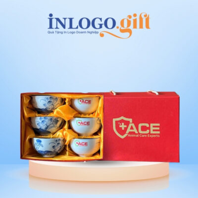 Bộ bát cơm in logo 6 món màu trắng họa tiết hoa sen xanh BBC-03