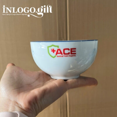 Bộ bát cơm in logo 6 món màu trắng họa tiết hoa sen xanh BBC-03