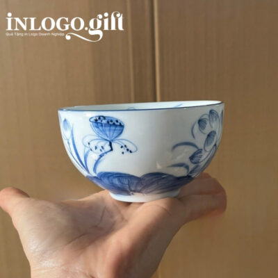 Bộ bát cơm in logo 6 món màu trắng họa tiết hoa sen xanh BBC-03