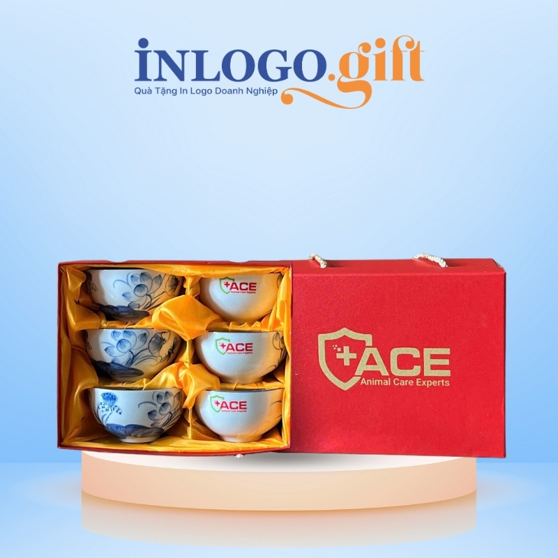 Bộ bát cơm in logo 6 món màu trắng họa tiết hoa sen xanh BBC-03
