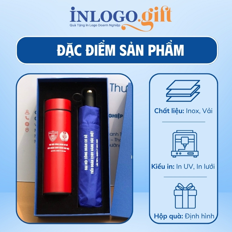Bộ Giftset in logo gồm bình giữ nhiệt hiển thị và ô dù gấp 3 tự động 2 chiều
