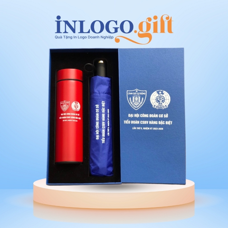 Bộ Giftset in logo gồm bình giữ nhiệt hiển thị và ô dù gấp 3 tự động 2 chiều