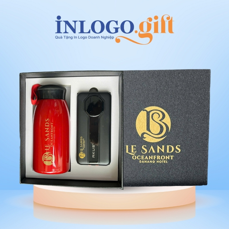 Bộ Giftset in logo gồm bình giữ nhiệt và sạc dự phòng