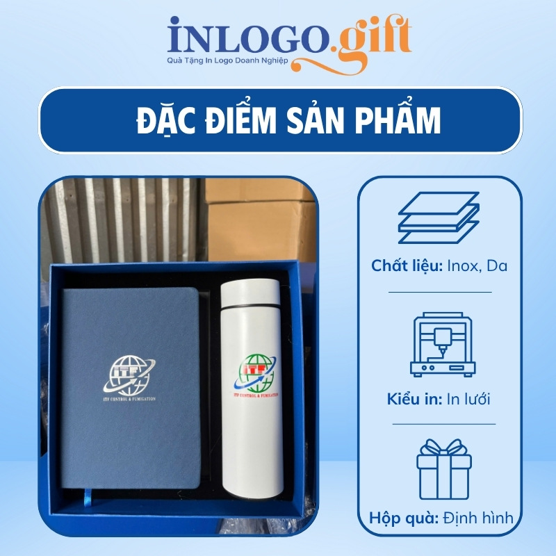 Bộ Giftset in logo gồm bình giữ nhiệt và sổ da ép nhũ kim