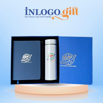 Bộ Giftset in logo gồm bình giữ nhiệt và sổ da ép nhũ kim